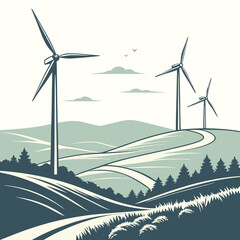 Wind turbines in landscape stylized illustration with rolling hills © aaa