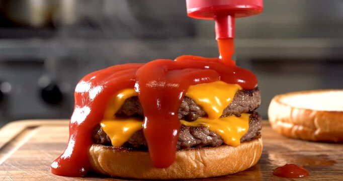 Close-up shot of vibrant red ketchup being poured onto a succulent double cheeseburger, emphasizing the irresistible appeal of classic comfort food