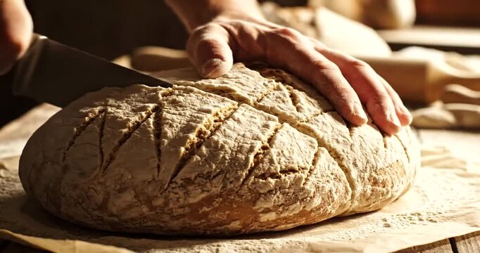 Close-up of a person's hands carefully slicing a freshly baked rustic artisanal sourdough loaf of bread on a wooden board, highlighting the texture and warm, inviting aroma of homemade food