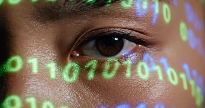 Contemplative woman's portrait with digital binary code projected on her face in a dark room