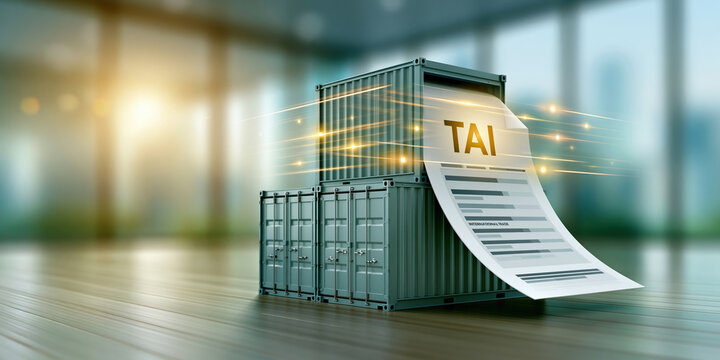 Enterprise ai logistics concept with digital tariff document emerging from cargo container