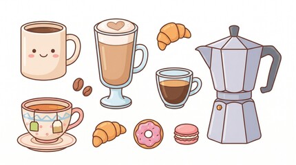 Obraz premium Cute Kawaii Coffee Breakfast Illustration with Croissant Donut Latte Mug Macarons and Cafe Dessert Stickers kawaii breakfast illustration, cute coffee illustration, kawaii coffee cup, cute latte art, 