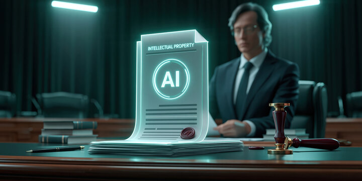 Enterprise ai legal document courtroom desk glowing intellectual property file evokes innovation