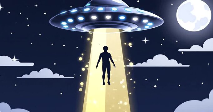 Human silhouette levitated by a bright beam from a mysterious flying craft in the dark night sky