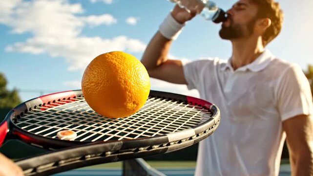 Post-tennis recovery A man rehydrates with water, an orange on his racket highlighting vital nutrition for an active sports lifestyle and essential refreshment