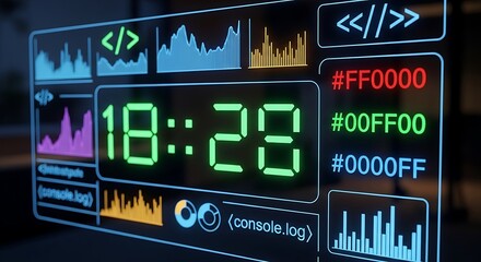 Fototapeta premium Digital display screen showing time and colorful coding symbols in neon light