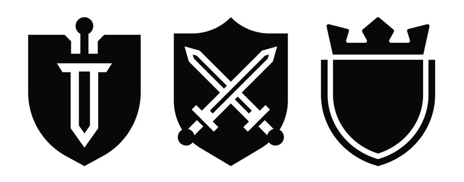 Heraldic shield icon set with sword, crossed swords, and crown symbols in solid and outline styles. Medieval protection emblems for security, defense, royal, and military design.
