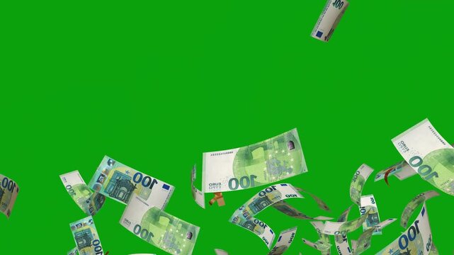 Money explosions green screen, Falling money. European money paper one hundred euros banknotes. 100 euros bills loop bills. Cash money. Concept of investment and saving, wealth, corruption, income