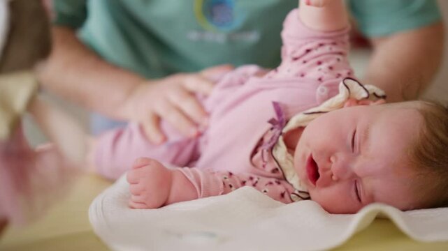 Close up of a baby reaching forward while being supported by an adult
