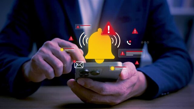 Mobile notification alert warning system on smartphone screen with user hand holding device showing push notification message call and security alert interface for communication and user engagement&nbsp;