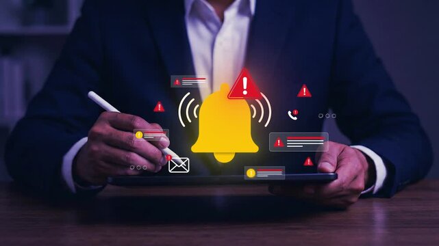 Mobile notification alert warning system on smartphone screen with user hand holding device showing push notification message call and security alert interface for communication and user engagement&nbsp;