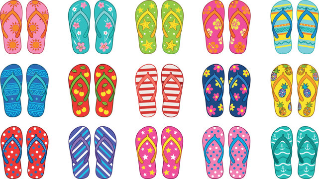 Colorful flip flop collection vector with tropical floral striped and patterned summer footwear illustrations for beach vacation designs