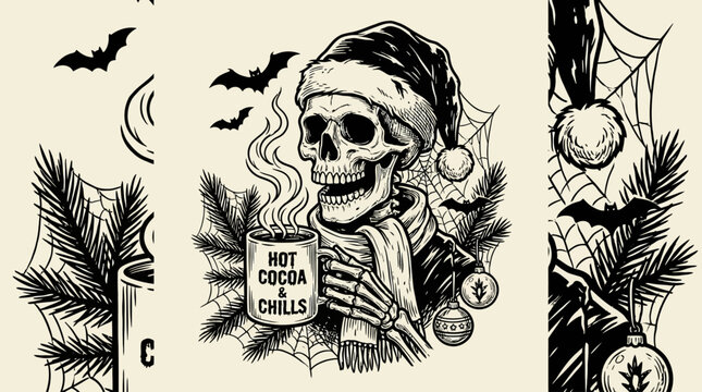 Skeleton wearing Santa hat holding mug.