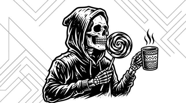 Skeleton holding lollipop and coffee cup.