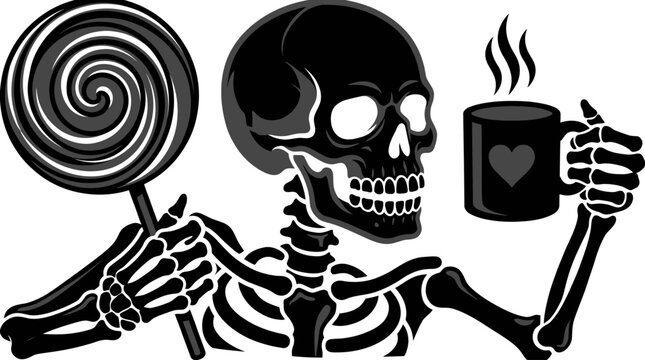Black skeleton holding lollipop and coffee.