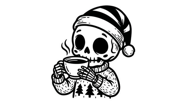 Skeleton wearing santa hat drinking coffee.