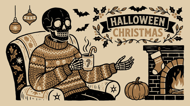 Skeleton sitting in armchair drinking.