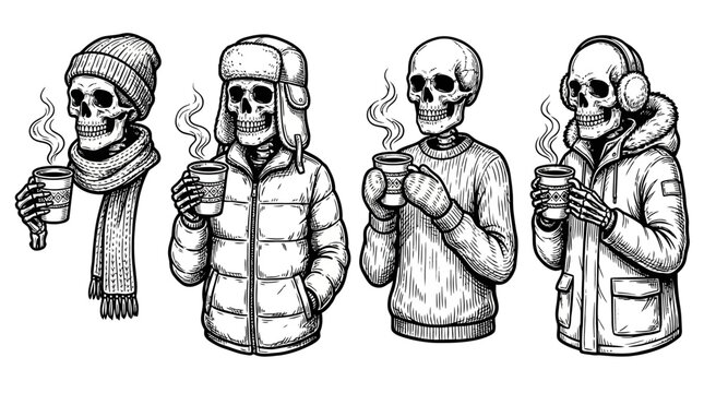 Skeletons wearing winter clothing drinking coffee.