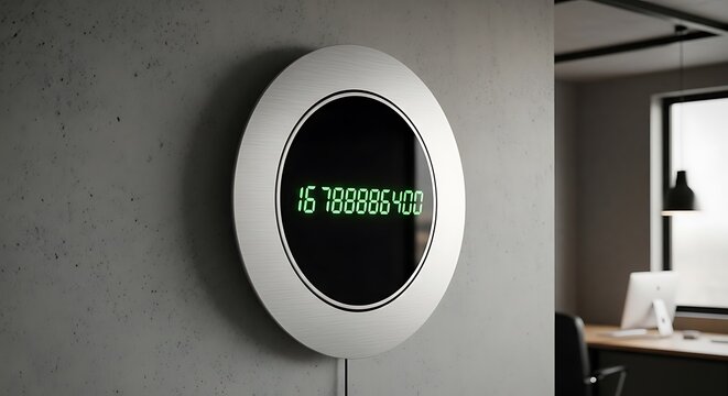 Modern office clock with digital display on a gray wall