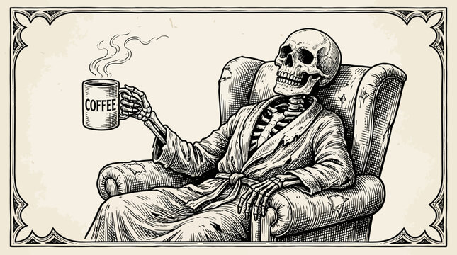 Skeleton sitting in chair with coffee.