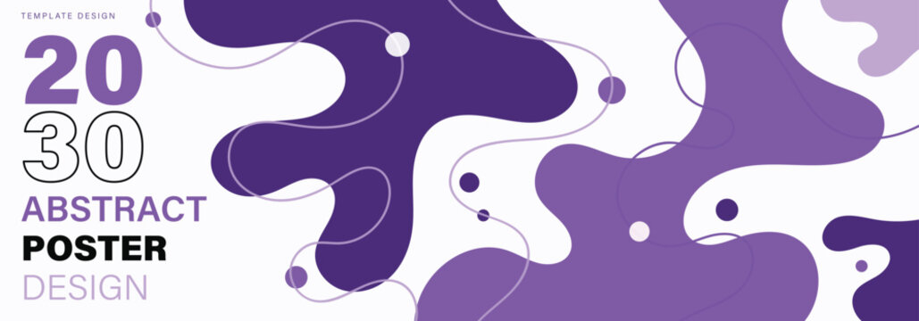 Abstract 2030 Poster Design with Purple Fluid Amoeba Shapes, Minimalist Liquid Blobs and Dynamic Wave Lines, Professional Vector Cover Template