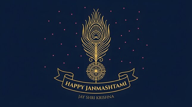 Happy janmashtami radha krishna celebration background with peacock feather design and jay shri krishna text