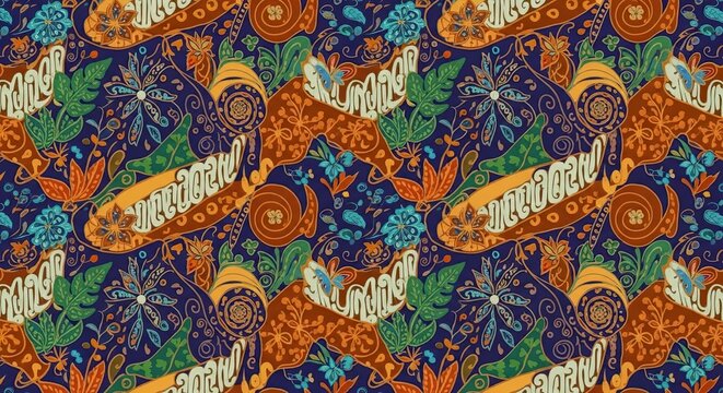 Batik Seamless Pattern of Floral and Abstract Elements on Dark Blue Background