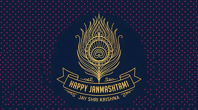 Happy janmashtami radha krishna celebration background with peacock design and jay shri krishna text