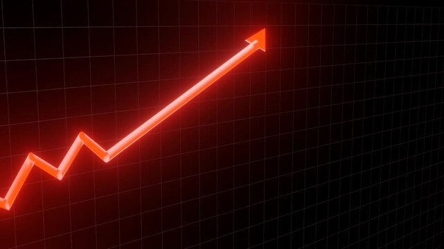 Red neon arrow moving up on black grid background