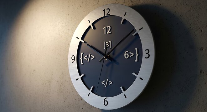 Close-up of a clock with coding symbols on its face showing time