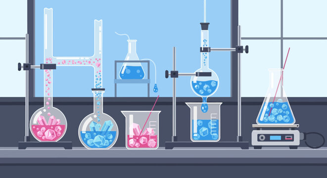 Detailed scientific illustration of a chemistry lab crystallization process showcasing molecular formation and intricate structure