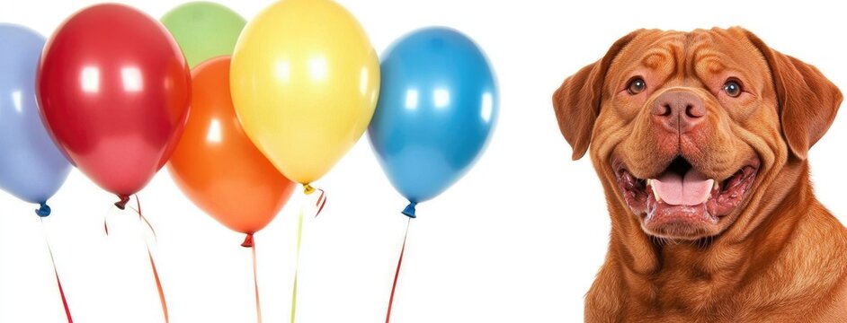 A Dogue de Bordeaux relaxes among colorful balloons in a playful and vibrant setting