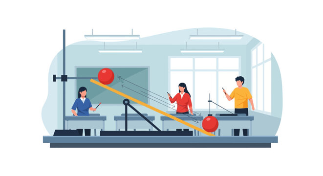 Physics Lab Studying Motion: Vector Analysis and Kinematic Concepts in Educational Illustration
