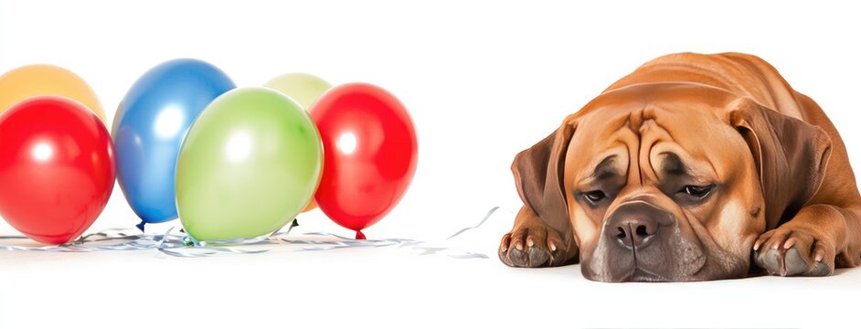 A Dogue de Bordeaux relaxes among colorful balloons in a playful and vibrant setting