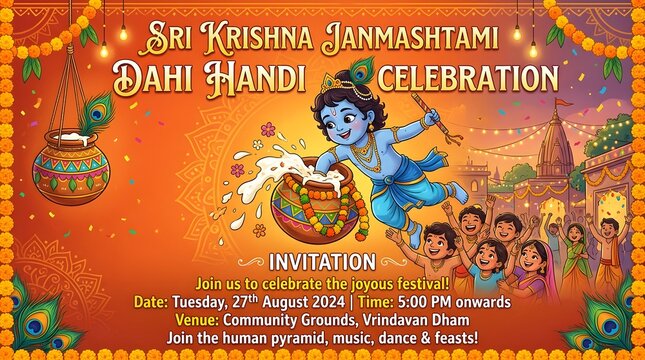 Sri krishna janmashtami dahi handi celebration invitation radha krishna festival