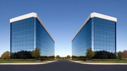 Obraz premium Modern glass office buildings with trees and a walkway under a clear blue sky