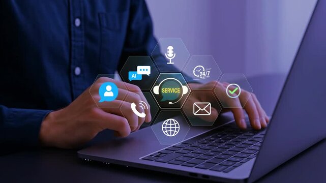 AI Customer Service and Virtual Assistant System. businessman accessing digital assistant email, voice, chat, and 24/7 contact options for automated real time support and global communication interfac