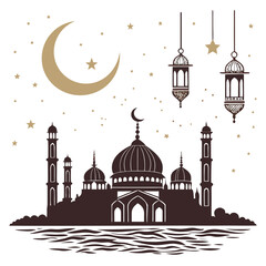 mosque silhouette with crescent moon and lanterns eid al fitr illustration © eee