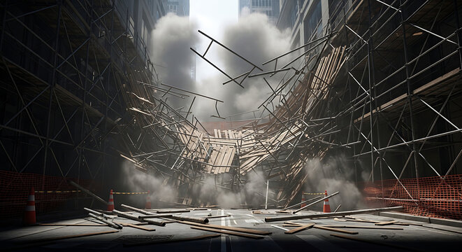 Dramatic scaffolding accident in an urban construction zone with a collapsed scaffolding roof structure debris and dust clouds on a city street