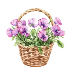 Obraz premium Sweet Pea Flower Basket, soft hand-painted watercolor illustration, isolated on a white background.