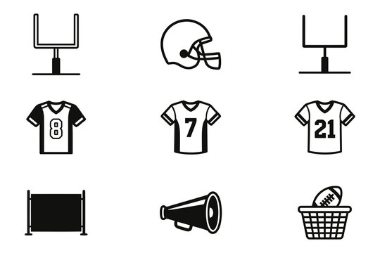 American football sports icons set jerseys helmets goalposts and more