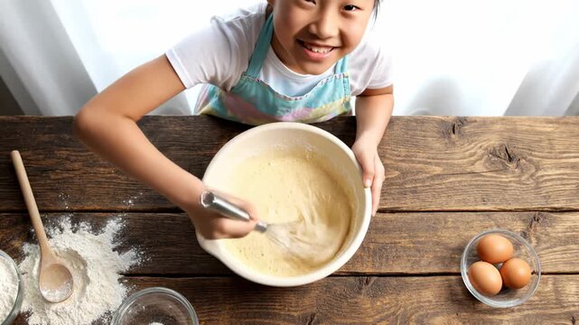 Young girl joyfully mixes cake batter in large bowl. Bright kitchen setting with wooden counter and baking ingredients. Concept of home cooking, family bonding, baking classes