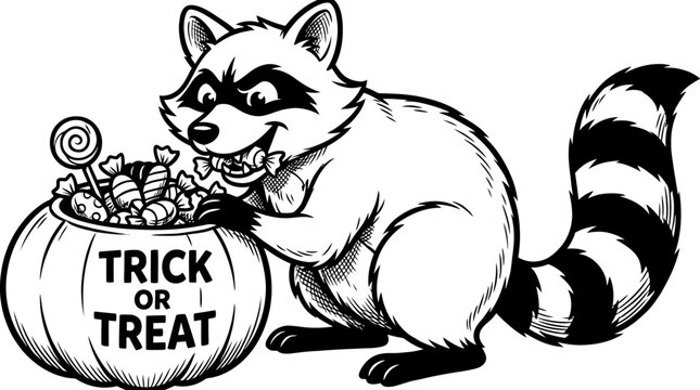 Raccoon with candy and pumpkin bucket.