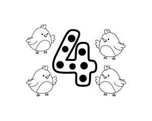 Fototapeta premium Four cute chicks around a large polka dot number 4, counting and learning