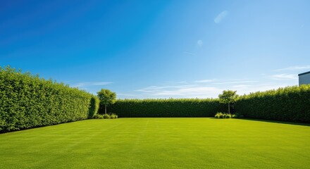 Fototapeta premium Lush green grass fills an empty backyard under a bright blue summer sky with natural light creating a peaceful and serene outdoor scenery, morning, tranquil, landscape
