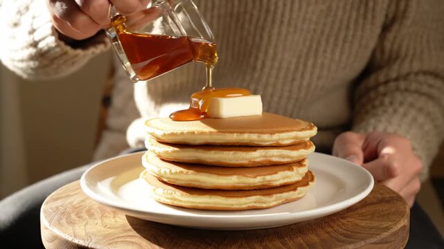 Person pours syrup over fluffy pancakes stacked high with a pat of butter on top. Warm indoor setting creates inviting atmosphere. Concept of breakfast, comfort food, culinary delights