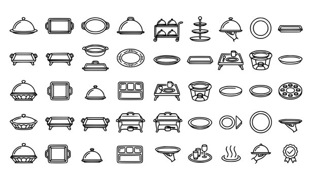 Modern platter line icon collection vector with catering serving tray and food service symbols