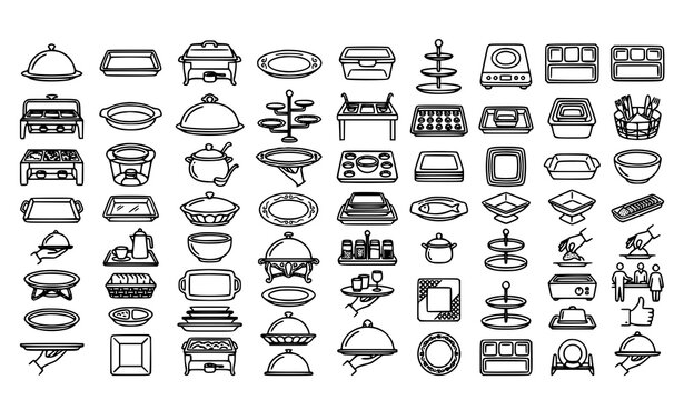Minimal platter outline icons vector with catering restaurant serving and dining illustration set