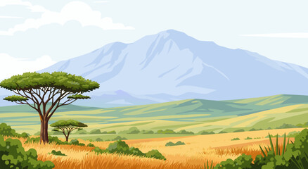 Serene African savanna landscape vector illustration featuring a lone acacia tree and majestic mountain backdrop under a clear blue sky, conveying a sense of natural beauty and tranquility © Purnomo