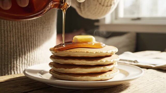 Pancakes are stacked high on a wooden table with butter melting on top as syrup pours down. Bright morning light illuminates a warm kitchen atmosphere. Concept of breakfast, culinary, comfort food